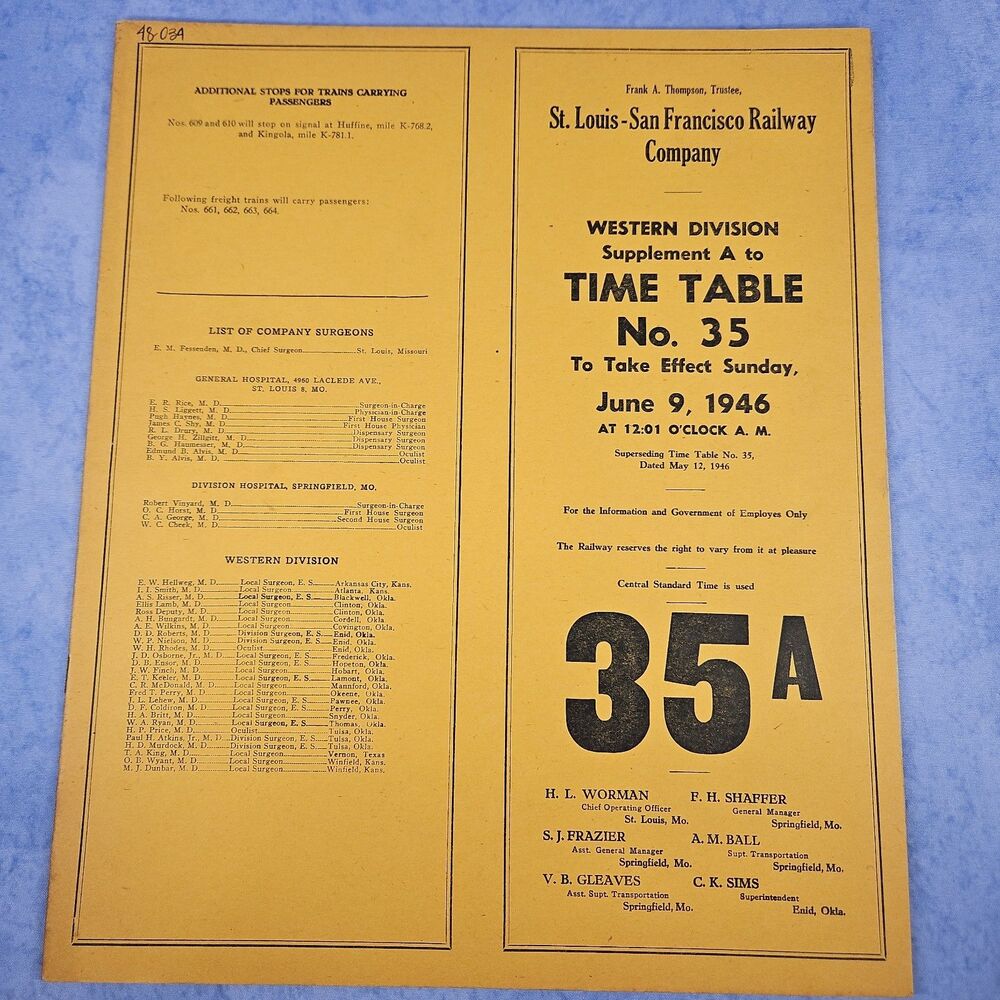 1946 St Louis San Francisco Railway Co Employee Timetable 35A Western Division
